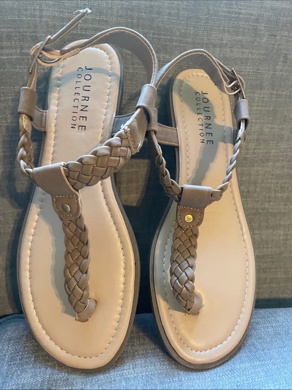 Journee Collection Taupe Braided T-Strap Sandals with Ankle Buckle. Size 10